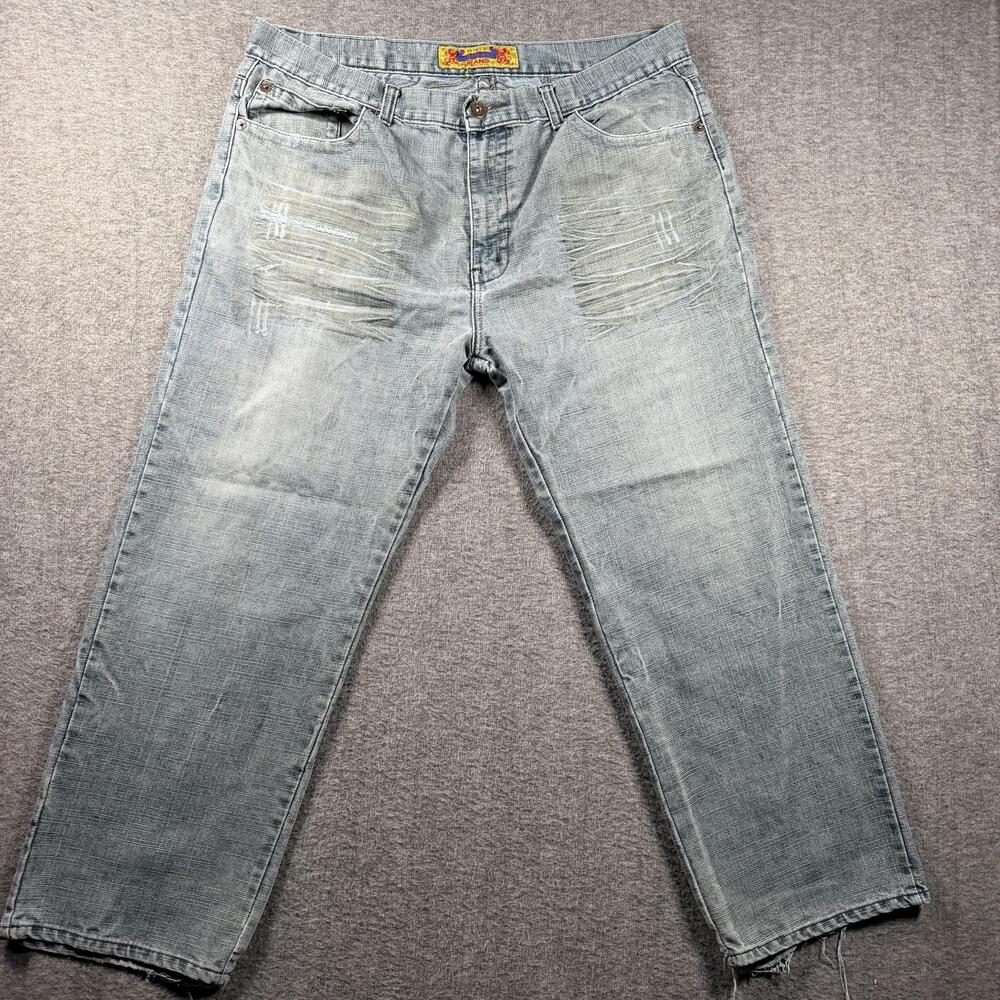 FUSAI Jeans Mens 42x32 Blue Light Wash Straight Embroidered Distressed Baggy Y2K
